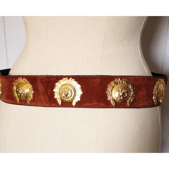 VTG Stephen Collins Leather Brass Statement Belt Tan Gold Size 3 - 33” Long - Picture 3 of 3